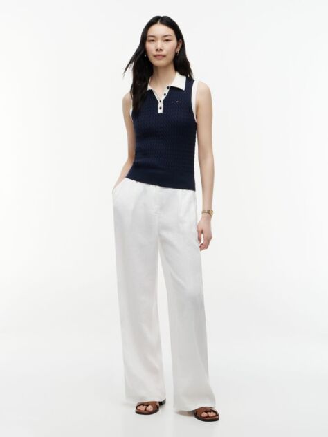 Blue Pulover Polo Fara Maneci Cu Croiala Slim Tricotat Cable  Femei