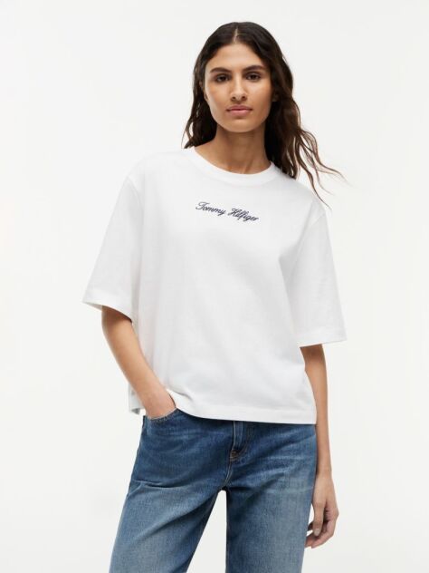 Alb Tricou Lejer Cu Guler Rotund Si Logo Brodat  Femei