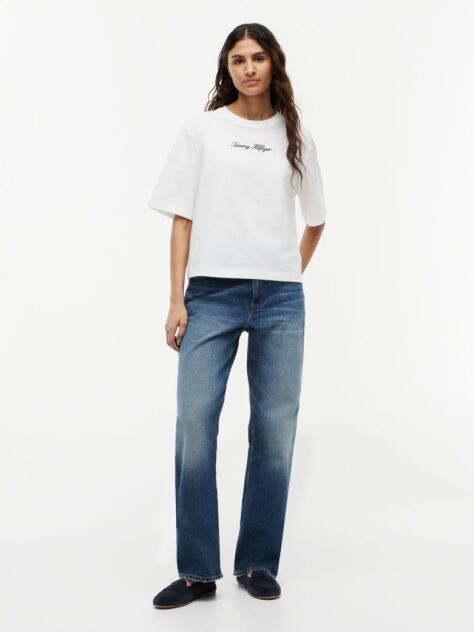 Alb Tricou Lejer Cu Guler Rotund Si Logo Brodat  Femei