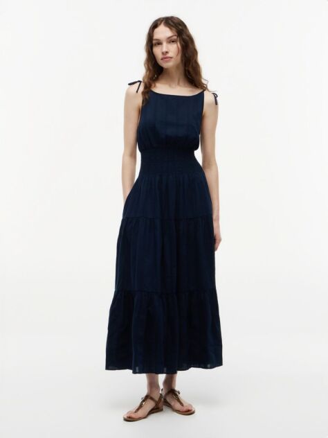 Blue Rochie Midi Cu Bretele Si Cravata Din Bumbac Seersucker  Femei