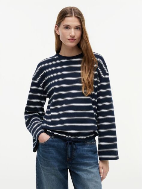 Multi Stripe Drawstring Hem Long Sleeve T-Shirt  Women