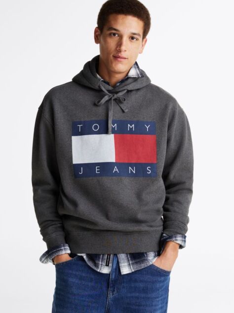Grey Tommy Flag Badge Mélange Relaxed Hoody  Men