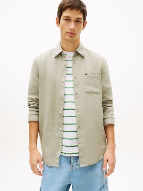 Green Regular Fit Button-Down Pure Linen Shirt  Men