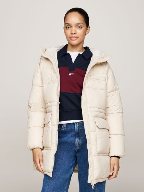Beige Hooded Longline Puffer Jacket  Women