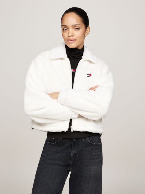 White Faux Fur Zip-Thru Cropped Jacket  Women