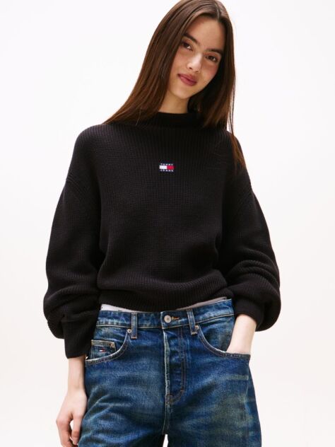 Black Tommy Badge Relaxed Mock Neck Jumper  Women