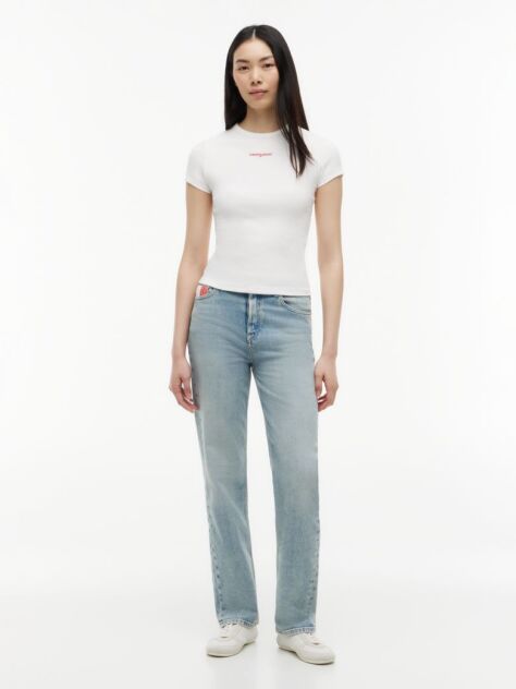 White Logo Ribbed Slim T-Shirt  Women