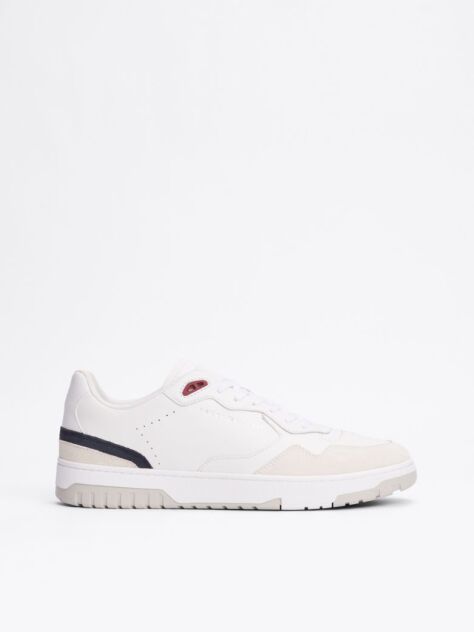 White Leather Mixed Texture Basketball Trainers  Men