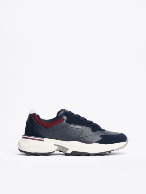 Blue Mixed Texture Leather Trainers  Men