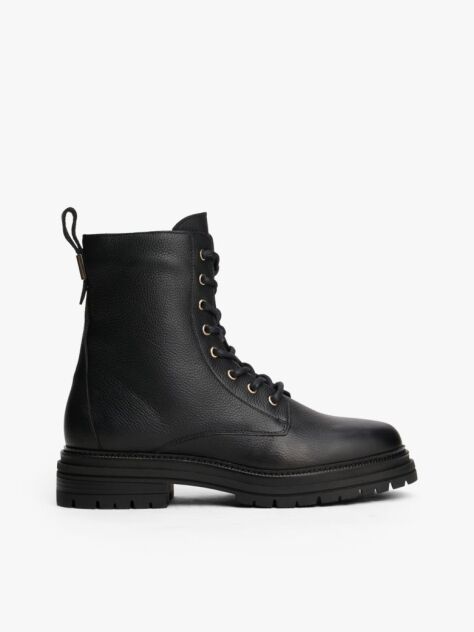 Black Pebble Grain Leather Chunky Boots  Women