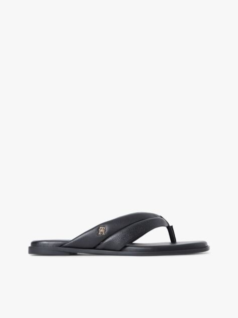 Black Leather Toe Post Flat Sandals  Women