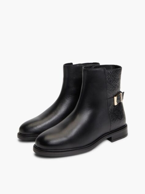 Black TH Monogram Embossed Leather Ankle Boots  Women