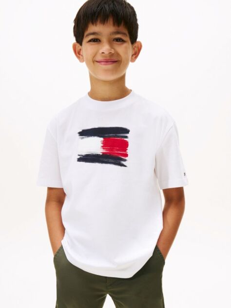 Alb Tricou Cu Guler Rotund Si Steagul Hilfiger  Baieti