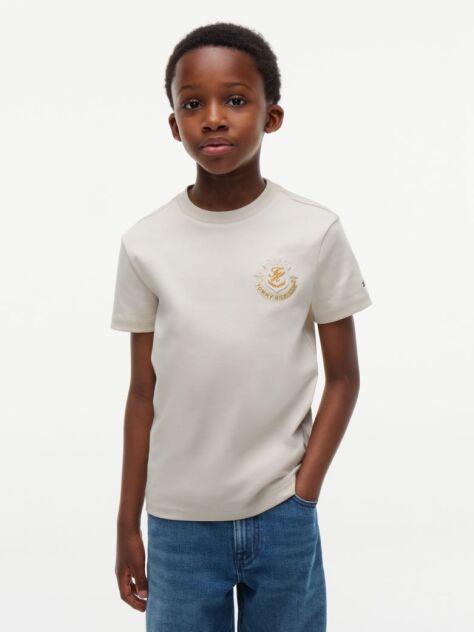 Bej Appliqué T-Shirt Cu Logo  Baieti