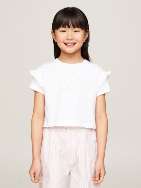 White Heart Flag Ruffle Sleeve Relaxed T-Shirt  Girls