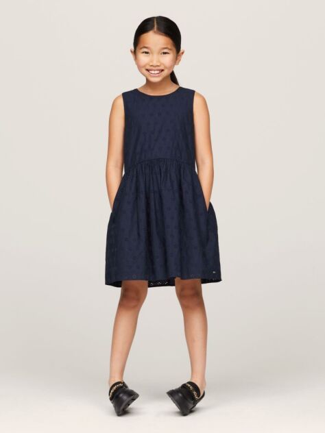 Blue TH Monogram Broderie Anglaise Sleeveless Dress  Girls