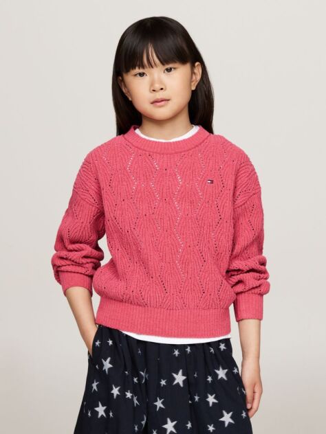 Rosu Pulover Chenille Relaxed Cu Tricot Perforat  Fete