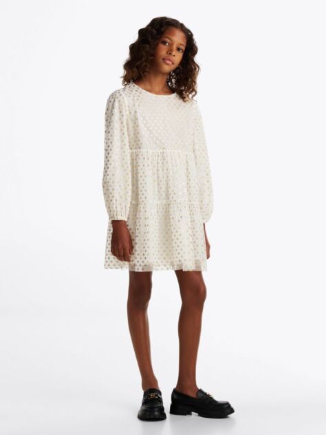 White Metallic Star Mesh Flare Dress  Girls