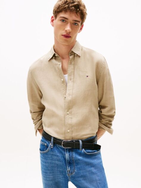Bej Camasa Din In Vopsit Cu Pigmenti, In Croiala Obisnuit  Barbati