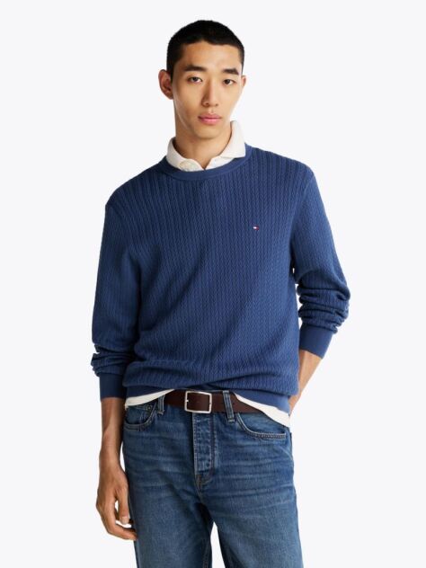 Blue Herringbone Knit Crew Neck Jumper  Men