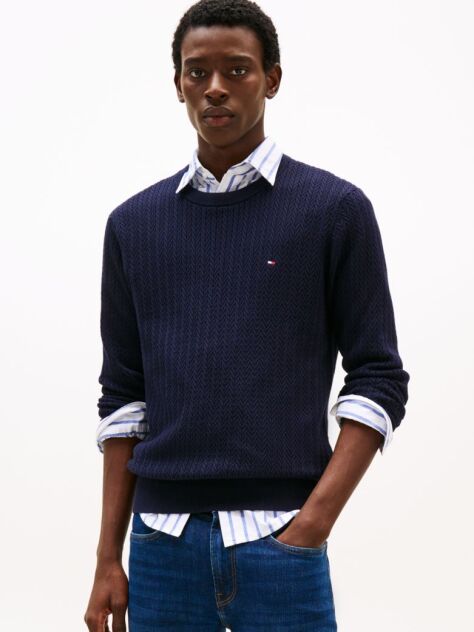 Blue Herringbone Knit Crew Neck Jumper  Men