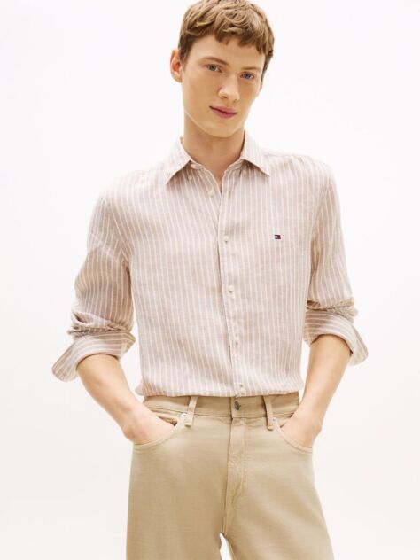 Beige Regular Fit Bengal Stripe Pure Linen Shirt  Men