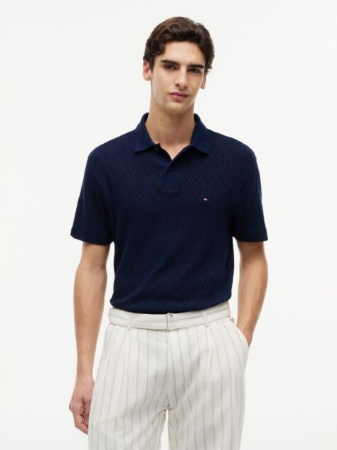 Blue Tricou Polo Jacquard Cu Croiala Clasica  Barbati