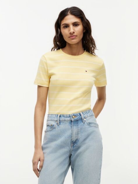 Galben Tricou Cu Nervuri Slim Fit Cu Steag Brodat  Femei