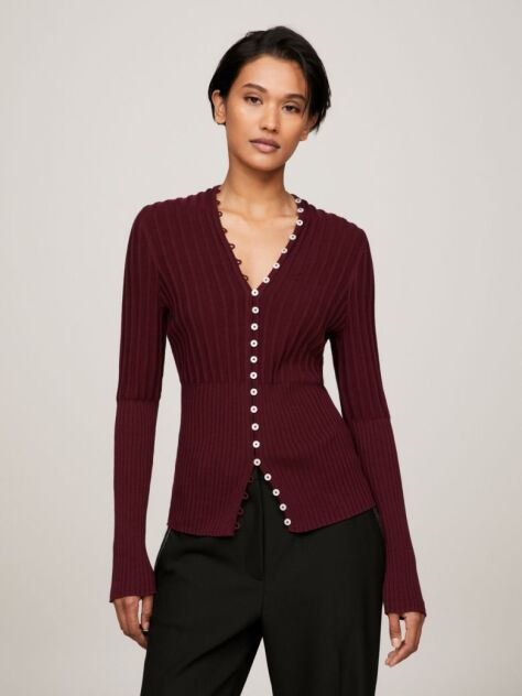 Red Ribbed Button Down Slim Fit Cardigan  Women