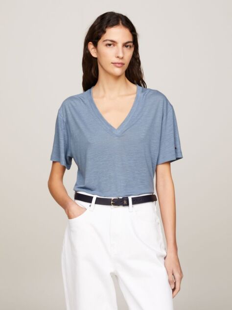 Blue Tricou Relaxed Cu Guler In V  Femei