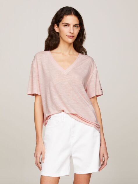Roz Tricou Relaxed Cu Guler In V  Femei