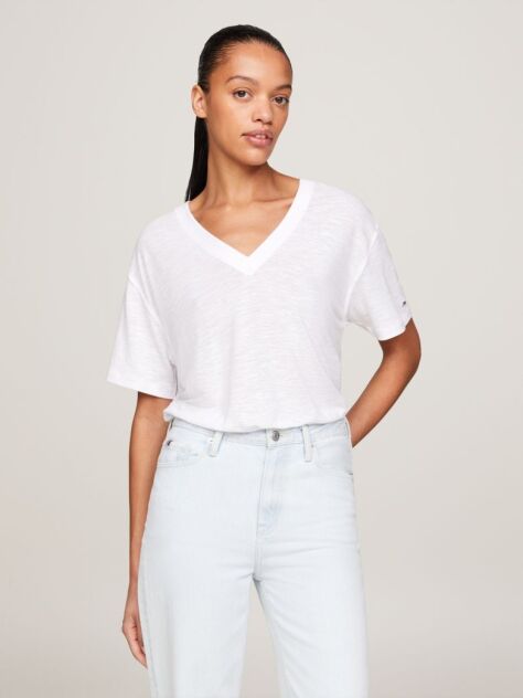 Alb Tricou Relaxed Cu Guler In V  Femei