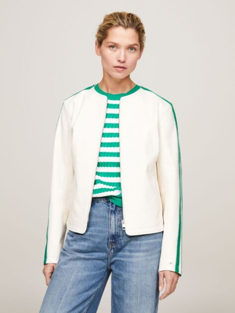 Alb Jacheta Bomber Slim Din Piele Cu Logo In Spate   Femei