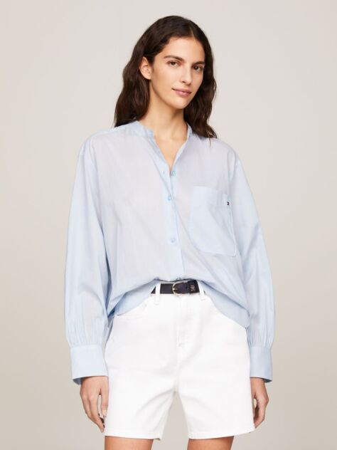 Blue Grandad Collar Oversized Voile Shirt  Women