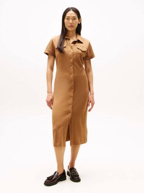Brown Gold-Tone Button Midi Shirt Dress  Women