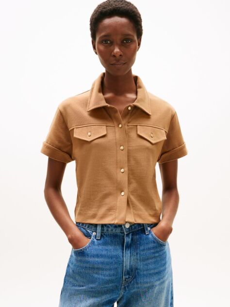 Brown Regular Fit Gold-Tone Button Shirt  Women