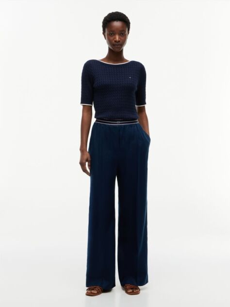 Blue Pantaloni Drepti Din In Pur  Femei