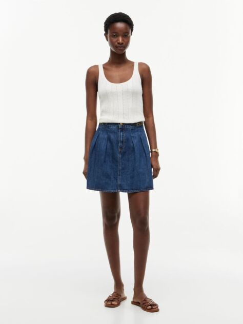 Blue Fusta Din Denim Midi Cu Talie Medie Si Pliuri  Femei