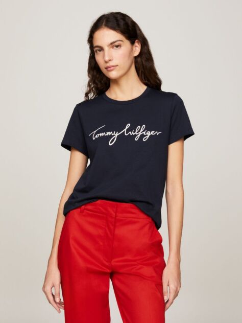 Blue Tricou Crew Neck Cu Logo Heritage  Femei