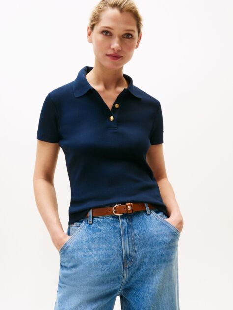 Blue Gold-Tone Button Slim Polo Shirt  Women
