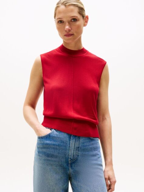 Red Mock Neck Sleeveless Top With Silk  Women