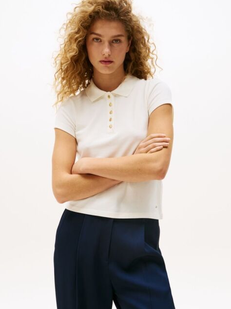 Beige Gold-Tone Button Slim Fit Polo Shirt  Women