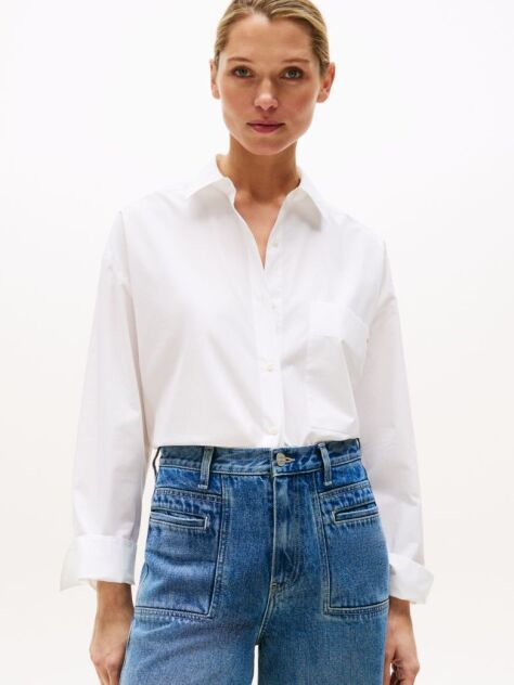 White Oversized Fit Adjustable Cuffs Poplin Shirt  Women