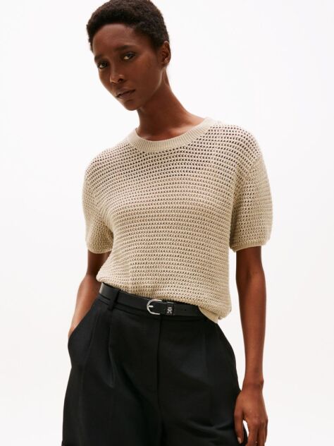 Beige Pointelle Crochet Jumper  Women