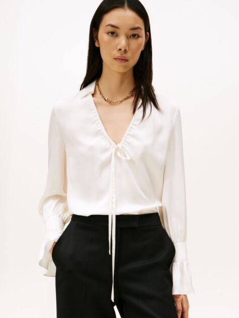 Beige Sateen Ruffle Cuff Relaxed Fit Blouse  Women