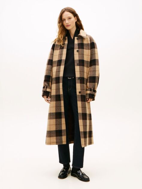Multi Check Wool Blend Oversized Belted Coat  Women