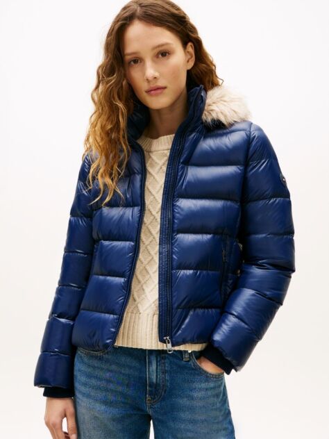 Blue Shiny Water Repellent Down Hooded Jacket  Women