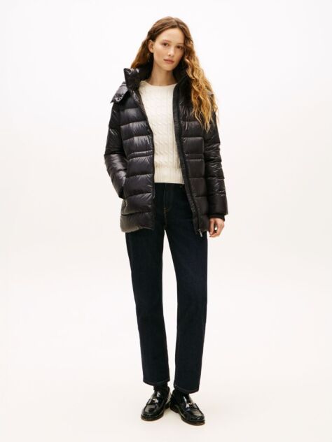Black Shiny Water Repellent Down Puffer Coat  Women