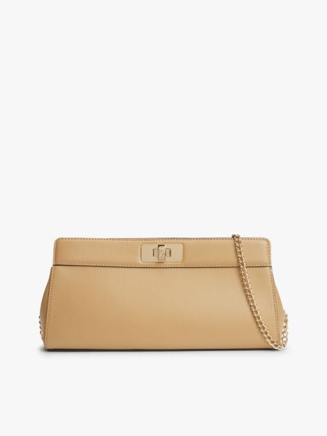 Bej Clutch Modern Cu Lant Cu Inchizatoare Clasp Si Monograma TH  Femei