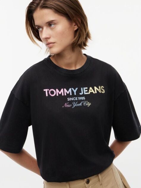 Negru T-Shirt Din Jersey Oversized Cu Efect Spala  Femei